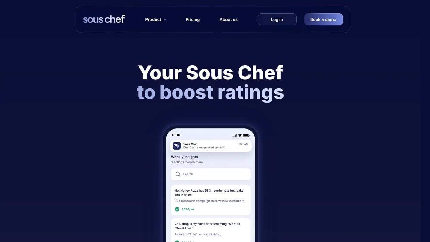 צילום מסך של דף הבית באתר Sous Chef — פלטפורמת ניהול מסעדות